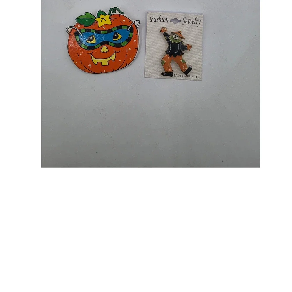 Halloween Brooch Set Wooden Masked Pumpkin and Enamel Scarecrow Pins